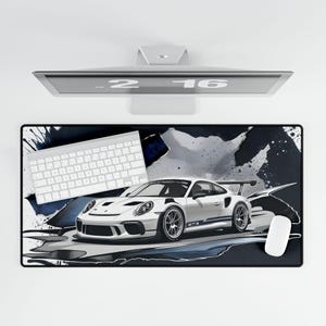 Porsche 911 GT3 Mousepad: Blue & White Cartoon Race Car Desk Mat