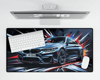 May include: A black and blue car with a white license plate that reads "M.M 5543" is on a black and white racing themed desk mat. The car is in focus and the desk mat is blurred in the background.
