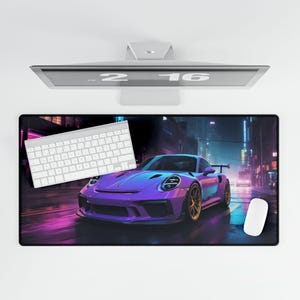 Cyberpunk Porsche GT3 Desk Mat: Car Enthusiast Computer Accessory