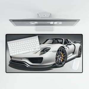 Porsche 918 Spyder Mousepad: Black & White Sports Car Desk Mat