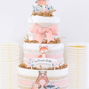 Woodland Baby Shower Decoration Girl, Pink Woodland Animals Diaper Cake, Baby Girl Shower Centerpiece, Baby Girl Gift, Deer, Racoon, Bear