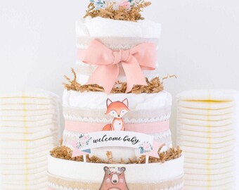 Woodland Baby Shower Decoration Girl, Pink Woodland Animals Diaper Cake, Baby Girl Shower Centerpiece, Baby Girl Gift, Deer, Racoon, Bear