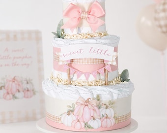 Pink Pumpkin Baby Shower Diaper Cake, Sweet Little Pumpkin Girl Shower Centerpiece, Beige Gingham Fall Decor, Autumn Baby Girl Gift