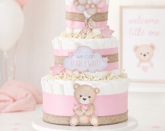 Pink Teddy Bear Diaper Cake, We Can Bearly Wait Baby Shower Decoration, Baby Girl Gift, Pink Brown Bear Centerpiece, Moon, Balloons, Plane