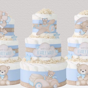 Teddy Bear Diaper Cake, We Can Bearly Wait Baby Shower Decoration, Baby Boy Gift, Blue Brown Bear Centerpiece, Moon, Balloons, Plane