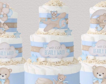 Teddy Bear Diaper Cake, We Can Bearly Wait Baby Shower Decoration, Baby Boy Gift, Blue Brown Bear Centerpiece, Moon, Balloons, Plane