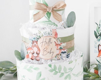 Woodland Greenery Baby Shower Decoration, Woodland Creatures Diaper Cake, Baby Shower Gift, Eucalyptus, Lambs Ear