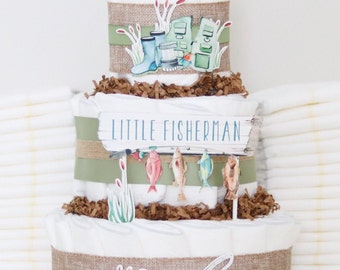 Fishing Diaper Cake, Little Fisherman Baby Shower Decoration, We're Reel Excited, Baby Boy Gift, Baby Shower Gift, Fish