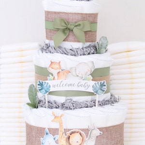 Safari Baby Shower Diaper Cake, Jungle Animal Baby Shower Decoration Centerpiece Décor, Gender Neutral Baby Gift, Elephant Giraffe Lion