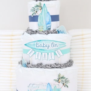Surf Board Beach Baby Shower Decoration, Baby On Board Diaper Cake Centerpiece, Surfing Decor, Summer Baby Shower, Retro Baby Boy image 1