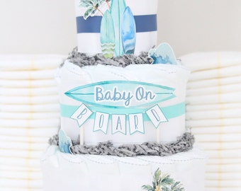 Surf Board Beach Baby Shower Decoration, Baby On Board Diaper Cake Centerpiece, Surfing Decor, Summer Baby Shower, Retro Baby Boy
