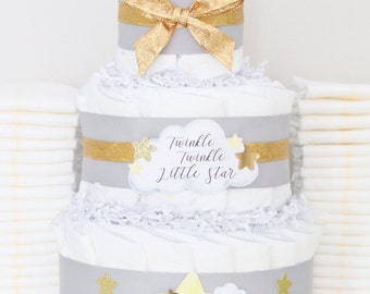 Twinkle Twinkle Little Star Baby Shower Decoration, Little Star Diaper Cake, Neutral Baby Shower Decor, To the Moon Baby Shower, Gold Gray