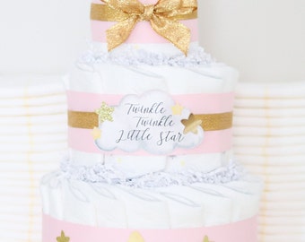 Pink Twinkle Twinkle Little Star Diaper Cake, Star Baby Shower Decoration, Baby Girl Diaper Cake, Gold Pink Shower Gift Decor