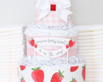 Strawberry Diaper Cake, Berry Sweet Baby Shower Decoration Centerpiece, Baby Girl Gift, Pink Strawberry, Fruit Baby Shower