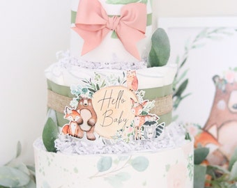 Baby Girl Woodland Greenery Diaper Cake, Pink Woodland Creatures Baby Shower Decoration, Baby Shower Gift, Eucalyptus, Lambs Ear