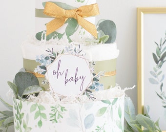 Greenery Baby Shower Decoration, Gold Greenery Diaper Cake, Gender Neutral Baby Shower Ideas, Eucalyptus, Lambs Ear