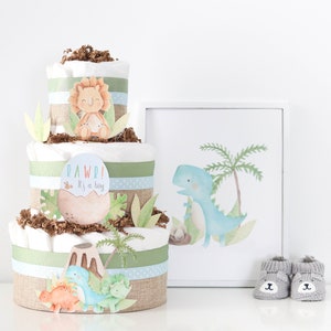 Dinosaur Baby Shower Decoration, Dinosaur Diaper Cake, Baby Boy Diaper Cake, Dino Baby Shower Centerpiece image 2