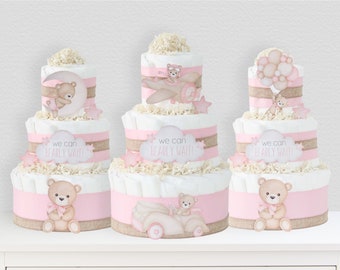 Pink Teddy Bear Diaper Cake, We Can Bearly Wait Baby Shower Decoration, Baby Girl Gift, Pink Brown Bear Centerpiece, Moon, Balloons, Plane