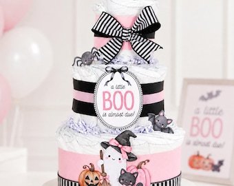 Pink Halloween Baby Shower Diaper Cake, Little Boo Is Almost Due Girl Shower Centerpiece, Ghost Pumpkin Fall Baby Gift