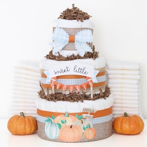 Pumpkin Baby Shower Diaper Cake, Fall Baby Shower Decoration, Little Pumpkin Centerpiece, Blue Gingham, Baby Boy Gift