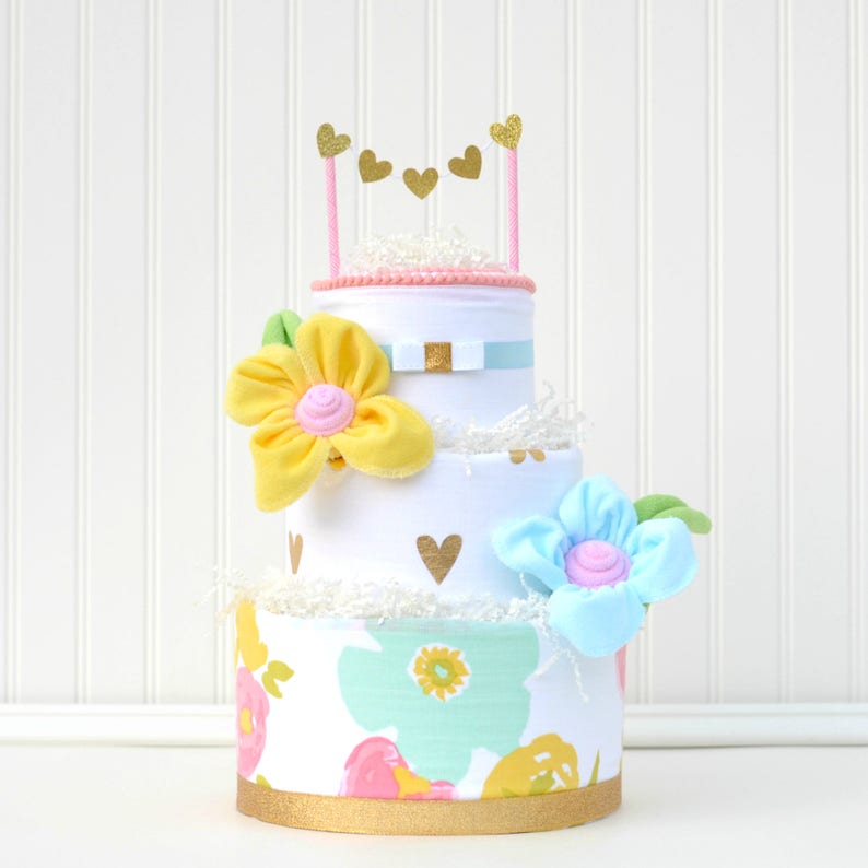 Girl Diaper Cake Floral Baby Shower Decor Watercolor Floral Baby Shower Baby Girl Diaper Cake Girl Shower Centerpiece Floral Fields