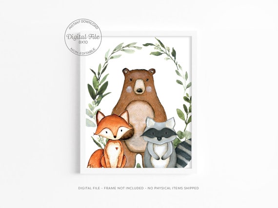 Woodland Animals Greenery Nursery Print, Eucalyptus Baby Shower Sign, Fox Bear Greenery Baby Shower Decoration Il_570xn