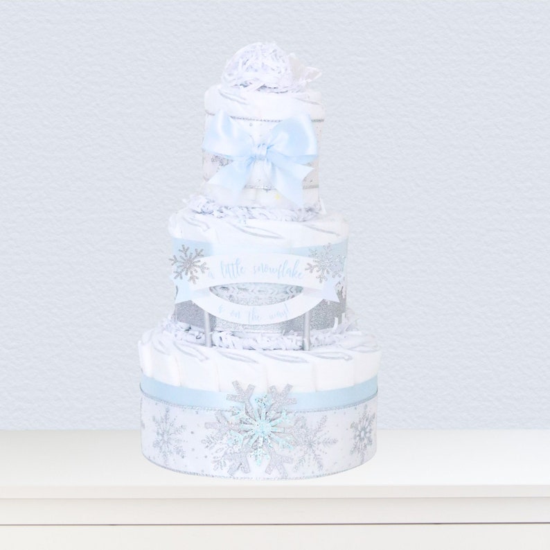 Blue Snowflake Baby Shower Diaper Cake, Boy Little Snowflake Centerpiece, Winter Baby Shower Decoration, Baby It's Cold Outside image 2