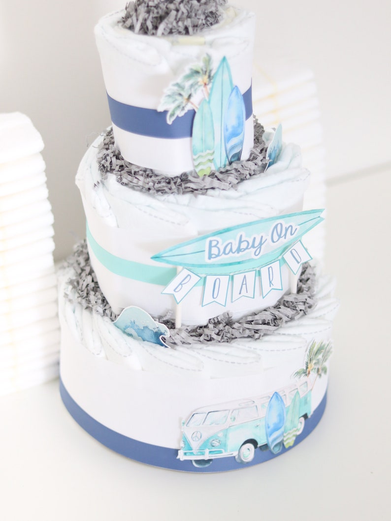 Surf Board Beach Baby Shower Decoration, Baby On Board Diaper Cake Centerpiece, Surfing Decor, Summer Baby Shower, Retro Baby Boy image 4