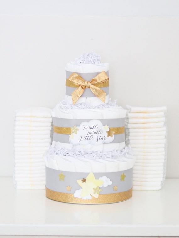 Twinkle Twinkle Little Star Baby Shower Decoration, Little Star Diaper Cake, Neutral Baby Shower Decor, To the Moon Baby Shower, Gold Gray Il_570xn