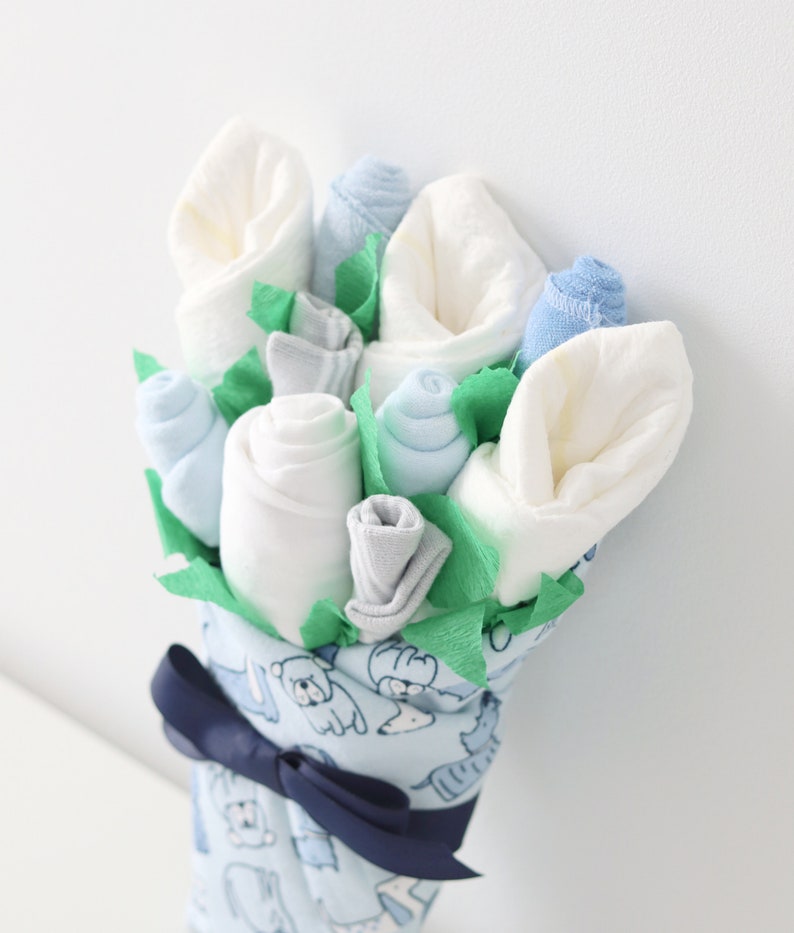 Baby Boy Gift Set, New Parent Gift Idea, Blue Puppy Welcome Home Baby Gift, Baby Bouquet with Blanket, Socks, Washcloths, Bodysuit, Diapers image 5