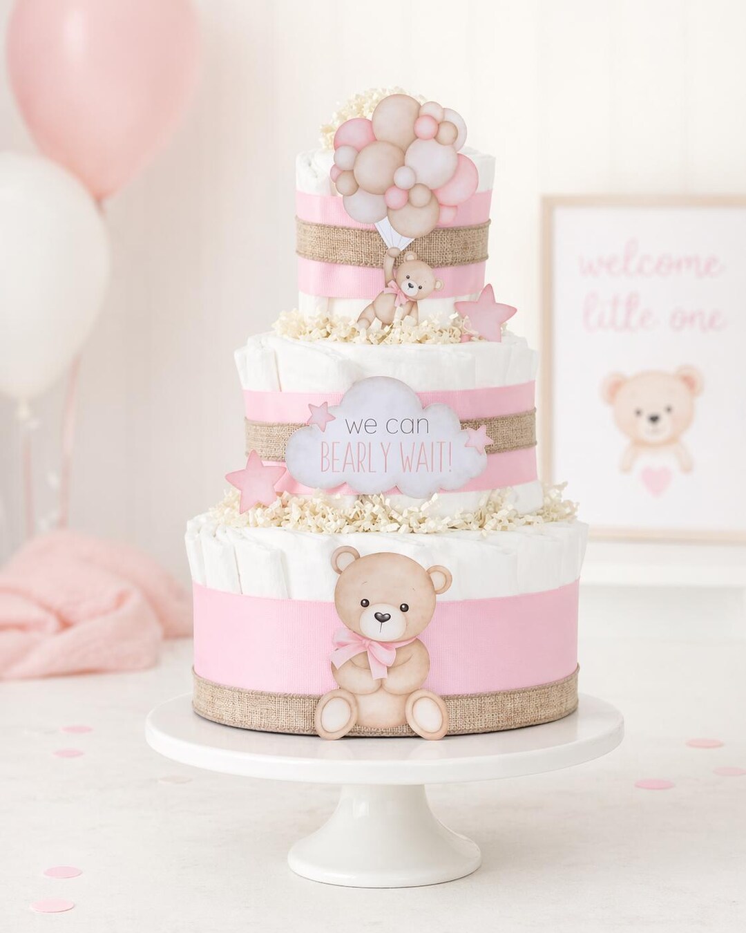 Pink Teddy Bear Diaper Cake, We Can Bearly Wait Baby Shower Decoration ...