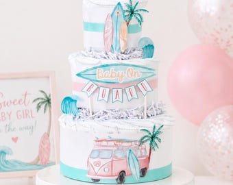 Baby on Board Baby Shower Decoration, Surf Beach Baby Shower Diaper Cake, Surfing Decoration, Summer Baby Shower, Retro Baby Girl