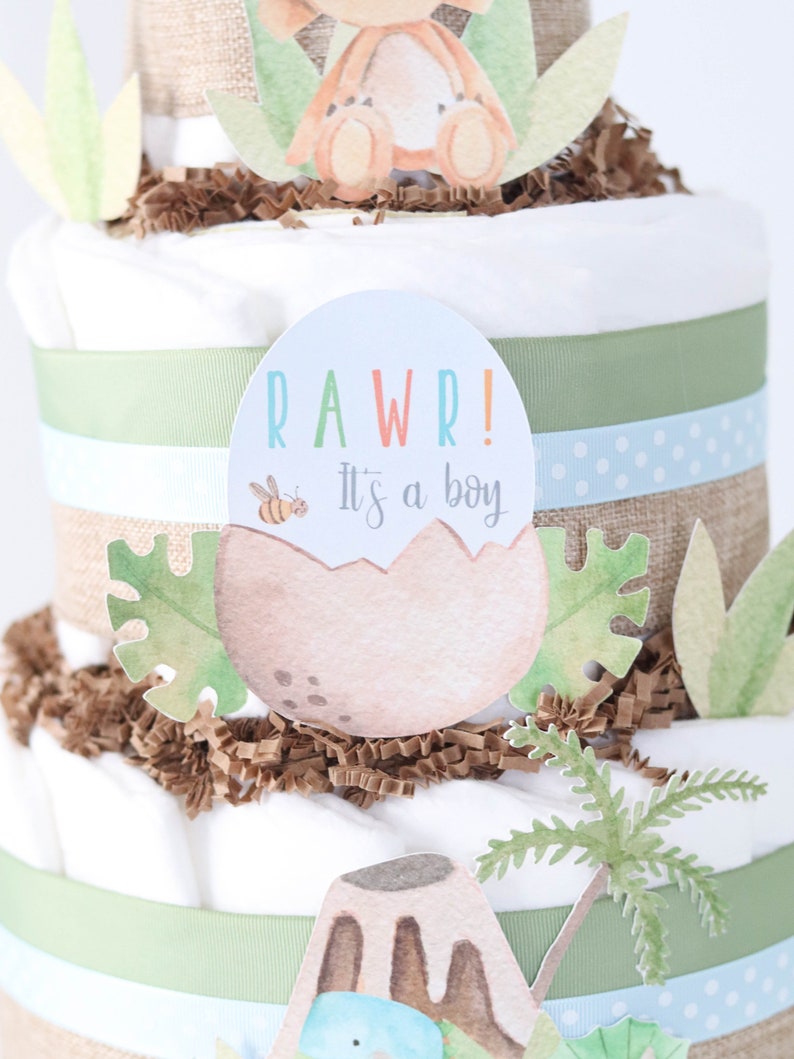 Dinosaur Baby Shower Decoration, Dinosaur Diaper Cake, Baby Boy Diaper Cake, Dino Baby Shower Centerpiece image 7