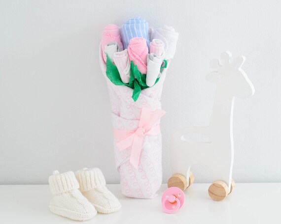 Girl Baby Shower Gift Set, Unique Newborn Baby Clothes Flower Bouquet in Pink & Periwinkle Il_570xn