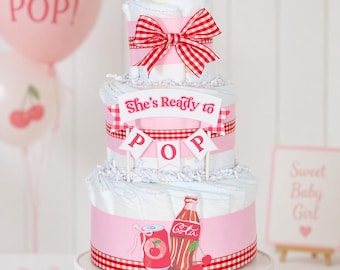 Ready to Pop Soda Diaper Cake Baby Shower Centerpiece, Retro Cola Pop Baby Shower Theme Decor, Girl Shower Gift, Pink Vintage Dirty Soda