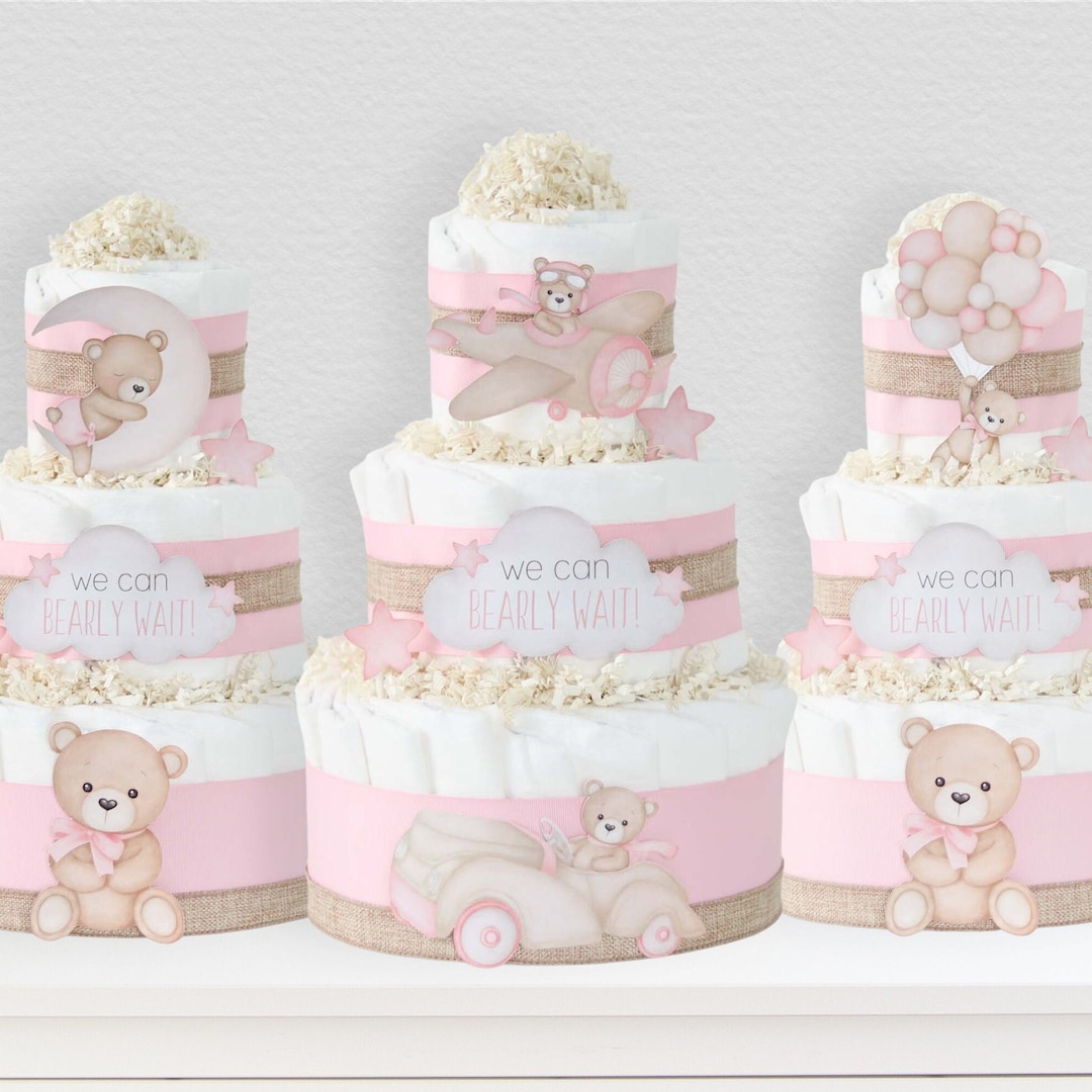 Pink Teddy Bear Diaper Cake We Can Bearly Wait Baby Shower - Etsy