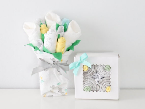 Neutral Baby Gift Basket, Baby Gift Box, Newborn Baby Gift, Unique Baby Gift, Baby Blanket Cupcakes and Bouquet, New Parent Gift, Unisex Il_570xn