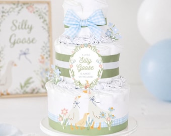 Little Silly Goose Baby Shower Diaper Cake, Gender Neutral Boy Floral Geese Shower Decoration Centerpiece Decor, Whimsical Blue Gingham