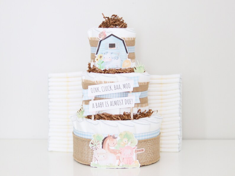 Farm Baby Shower Diaper Cake, Barnyard Animals Shower Decoration Centerpiece Decor for Girl, Boy, or Neutral with Cow Horse Barn Chick image 8