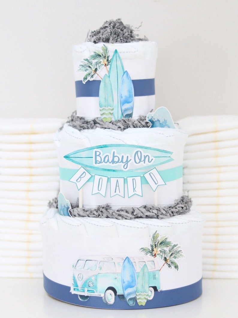 Surf Board Beach Baby Shower Decoration, Baby On Board Diaper Cake Centerpiece, Surfing Decor, Summer Baby Shower, Retro Baby Boy image 1