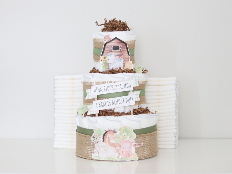 Farm Baby Shower Diaper Cake, Barnyard Animals Shower Decoration Centerpiece Decor for Girl, Boy, or Neutral with Cow Horse Barn Chick image 6
