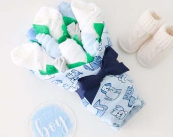 Baby Boy Gift Set, New Parent Gift Idea, Blue Puppy Welcome Home Baby Gift, Baby Bouquet with Blanket, Socks, Washcloths, Bodysuit, Diapers