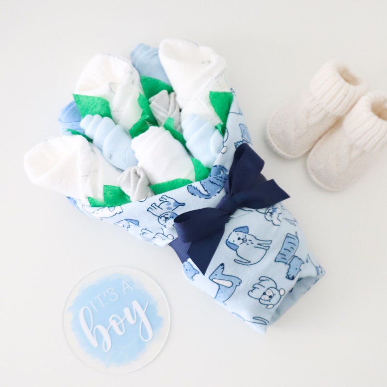 Baby Boy Gift Set, New Parent Gift Idea, Blue Puppy Welcome Home Baby Gift, Baby Bouquet with Blanket, Socks, Washcloths, Bodysuit, Diapers image 1