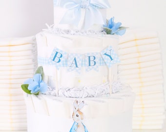 Peter Rabbit Blue Baby Boy Diaper Cake, Baby Shower Gift Decoration or Centerpiece, Gingham Easter Bunny Spring Theme