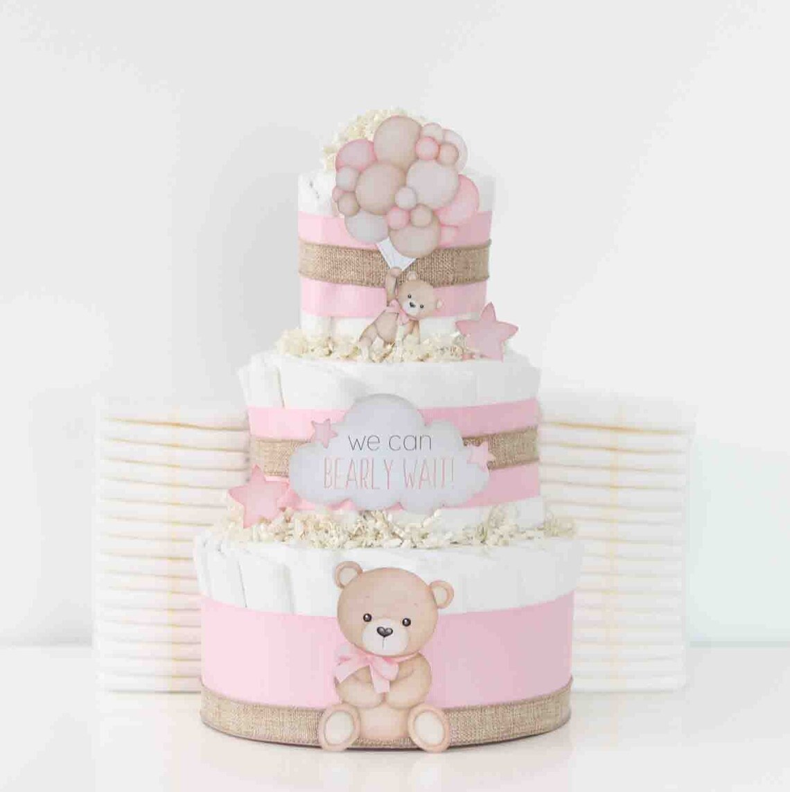Pink Teddy Bear Diaper Cake, We Can Bearly Wait Baby Shower Decoration ...
