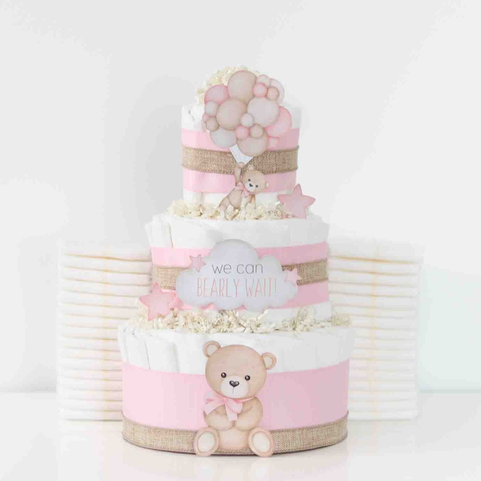 Pink Teddy Bear Diaper Cake, We Can Bearly Wait Baby Shower Decoration ...