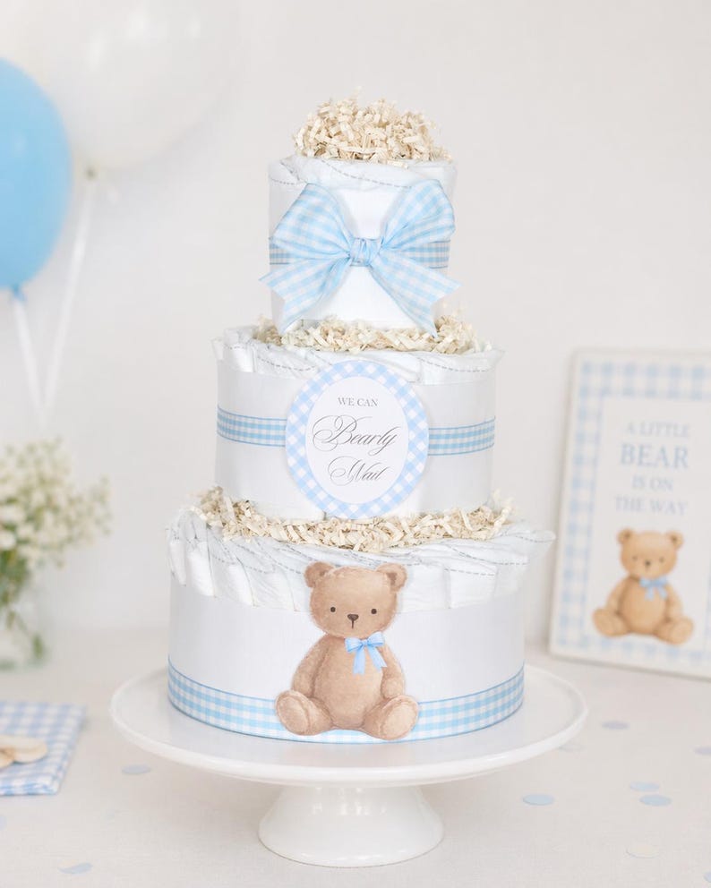Blue Gingham Teddy Bear Baby Shower Diaper Cake, Baby Boy Party Decor ...