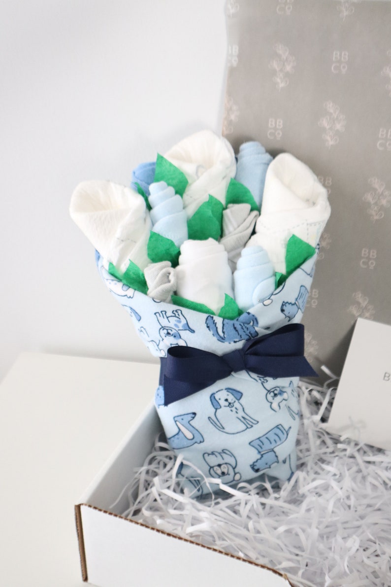 Baby Boy Gift Set, New Parent Gift Idea, Blue Puppy Welcome Home Baby Gift, Baby Bouquet with Blanket, Socks, Washcloths, Bodysuit, Diapers image 3