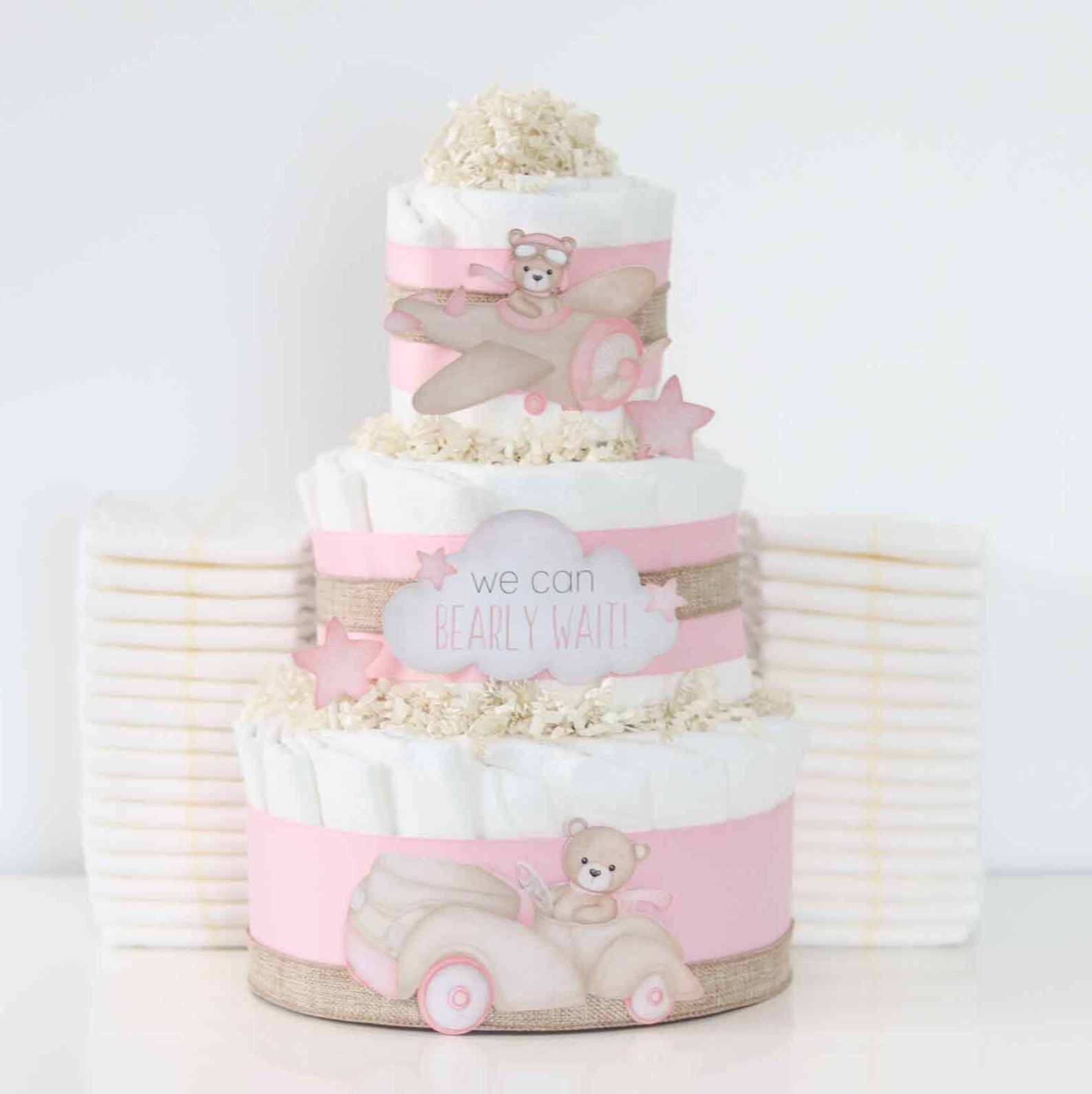 Pink Teddy Bear Diaper Cake, We Can Bearly Wait Baby Shower Decoration ...