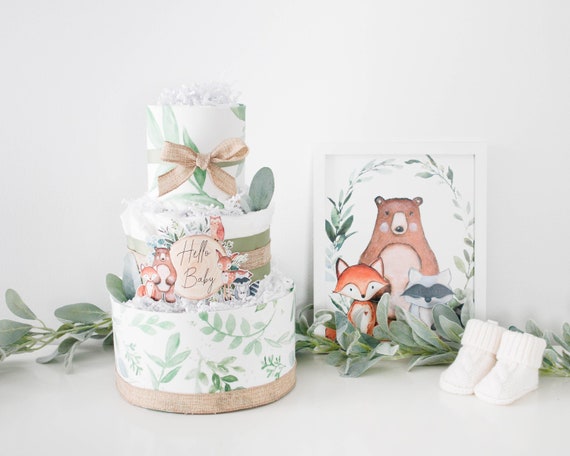 Woodland Greenery Baby Shower Decoration, Woodland Creatures Diaper Cake, Baby Shower Gift, Eucalyptus, Lambs Ear Il_570xn